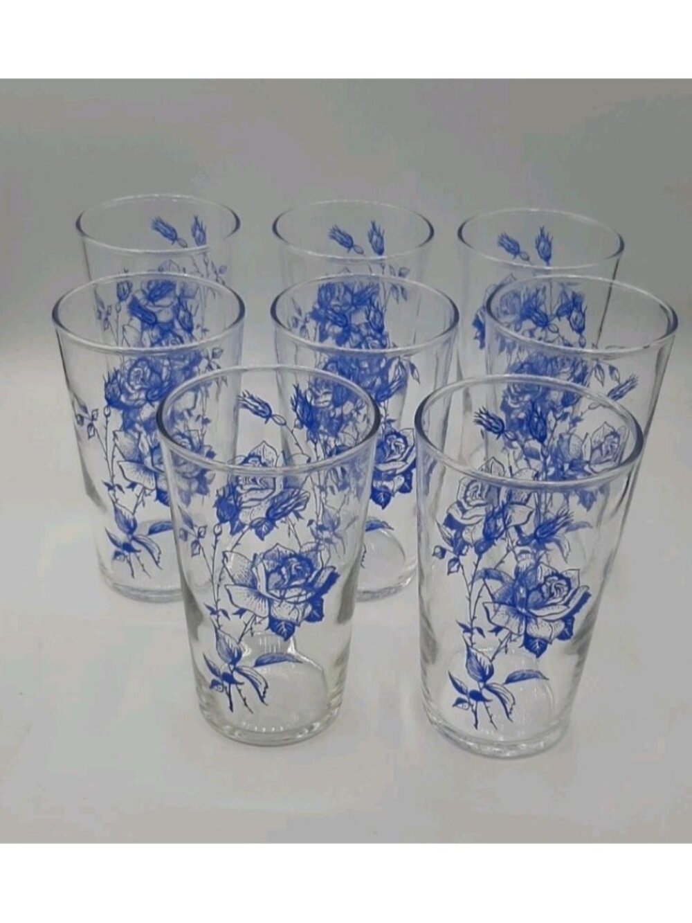 Vtg Johnson Brothers Blue Rose Bouquet Drinking Glasses 4 3/4 in Tall Set of 8